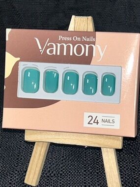 Vamony Deep Teal Green PressOn Short Glossy Solid Color Nails 24pcs